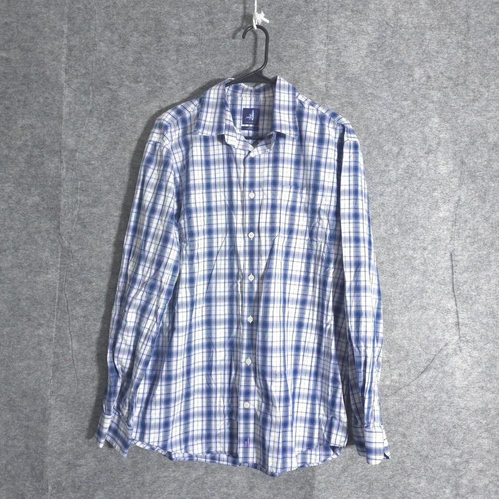 Johanie O Plaid Long Sleeve Button Up Shirt Men's Large Blue White Cotton Casual
